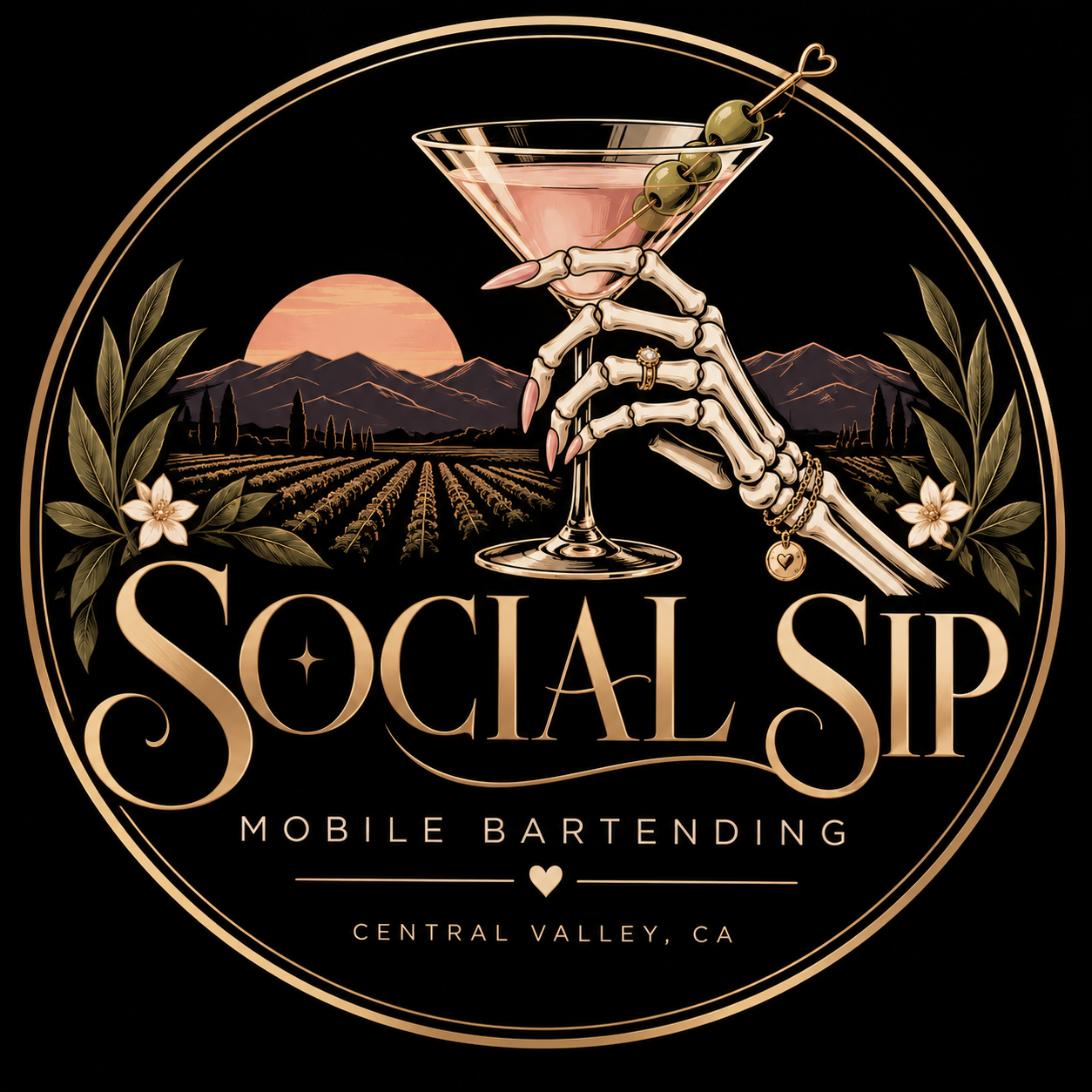 Social Sip logo with a feminine skeleton hand holding a martini over Central Valley farmland